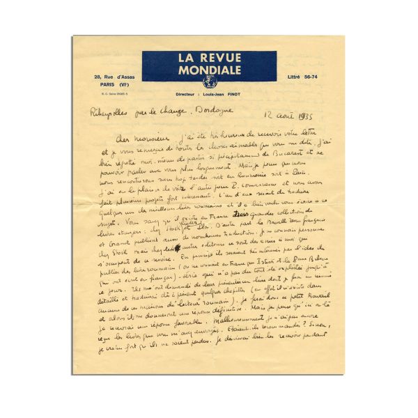 Jacques Lassaigne, scrisoare pentru Mircea Eliade, 12 august 1935