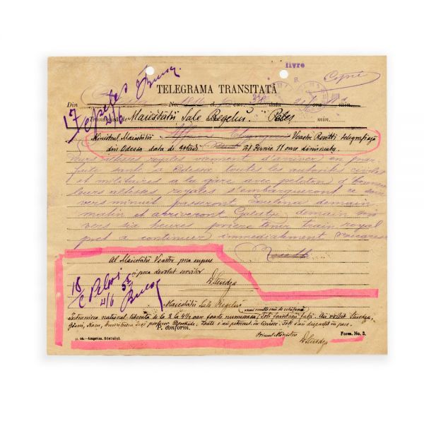 Telegramă trimisă Regelui de către D. Sturdza, cu text olograf