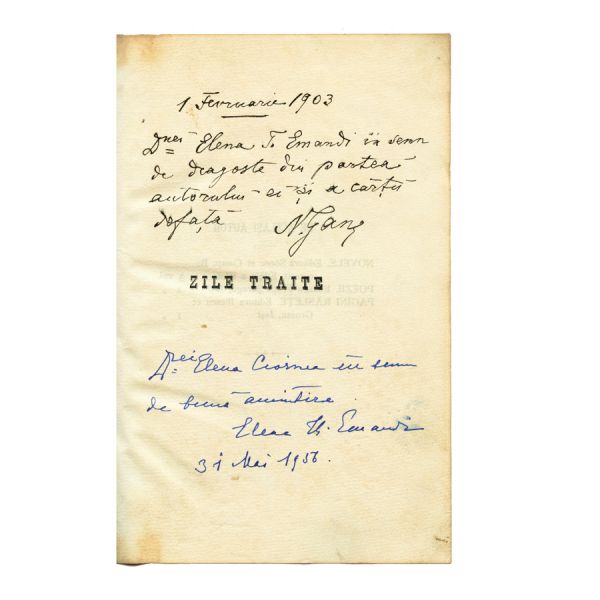 N. Gane, Zile trăite, cu dedicația olografă a autorului, 1903