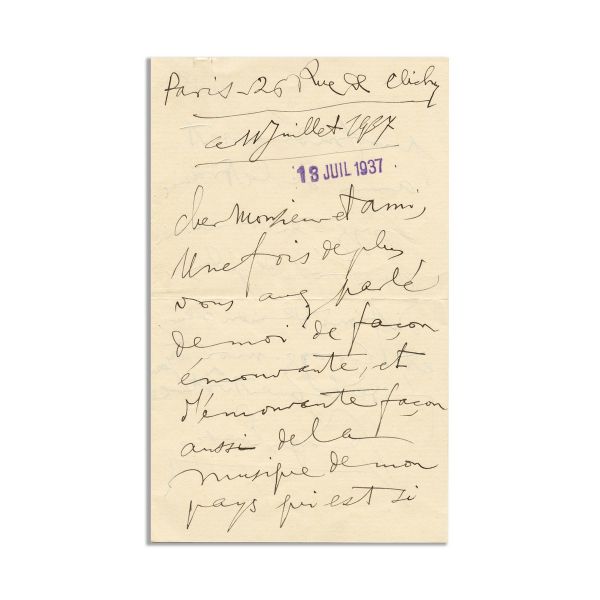 George Enescu, corespondență către un prieten, 1937