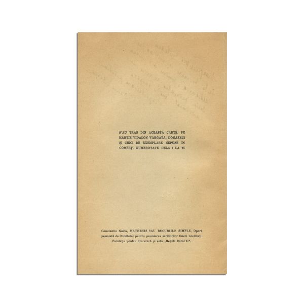 Constantin Noica, Mathesis sau bucuriile simple, 1934, cu dedicația autorului către Margareta Golescu