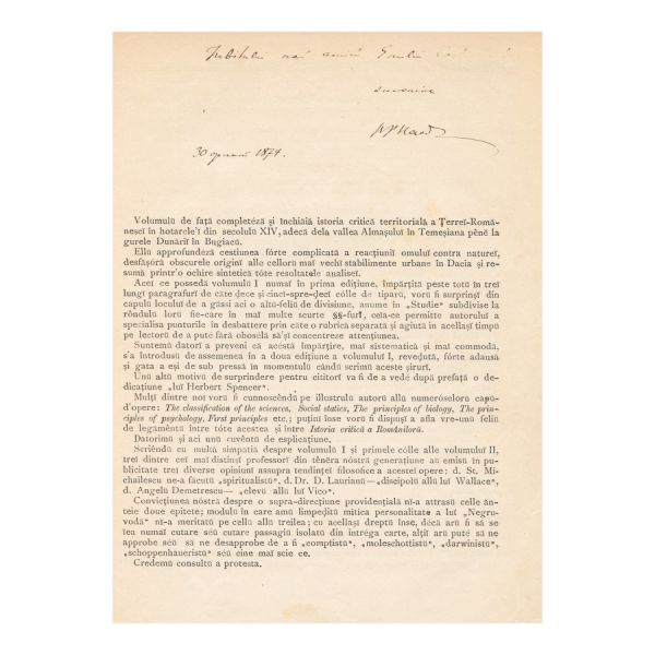 B. P. Hasdeu, Istorie critică a românilor, două volume, 1875, cu dedicație