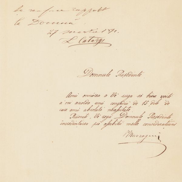 Petre Mavrogheni, adresă trimisă ministrului de interne, Lascăr Catargi, cu cele două semnături olografe, 1871