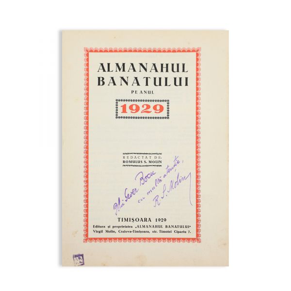 Almanahul Banatului pe anul 1929, cu dedicația lui Romulus S. Molin pentru Sever Bocu