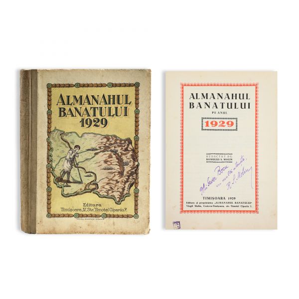 Almanahul Banatului pe anul 1929, cu dedicația lui Romulus S. Molin pentru Sever Bocu