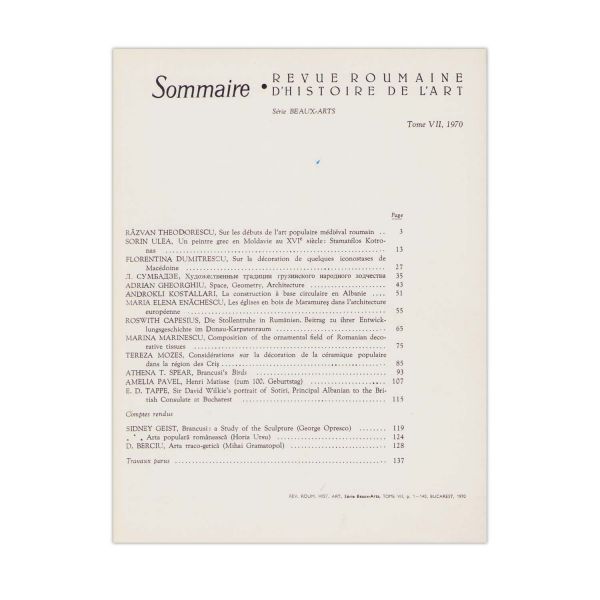 Revue Roumaine d’histoire de l’art, 1970, cu articole despre opera lui C. Brâncuși 