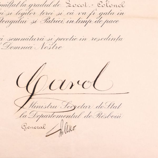 Brevet de numire în grad de Locotenent Colonel al Maiorului Christu Dimitrie, semnat olograf de Regele Carol I