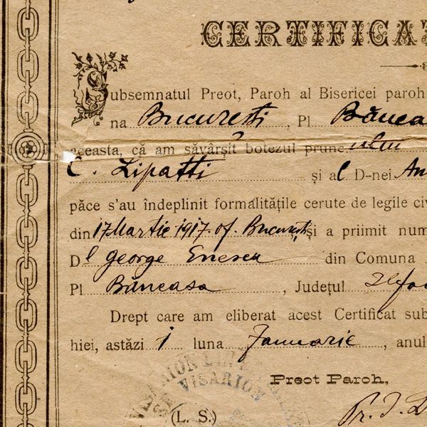 Certificatul de botez al lui Dinu Lipatti, 1922 - Piesă rară