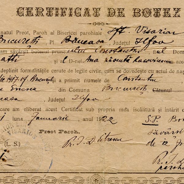 Certificatul de botez al lui Dinu Lipatti, 1922 - Piesă rară
