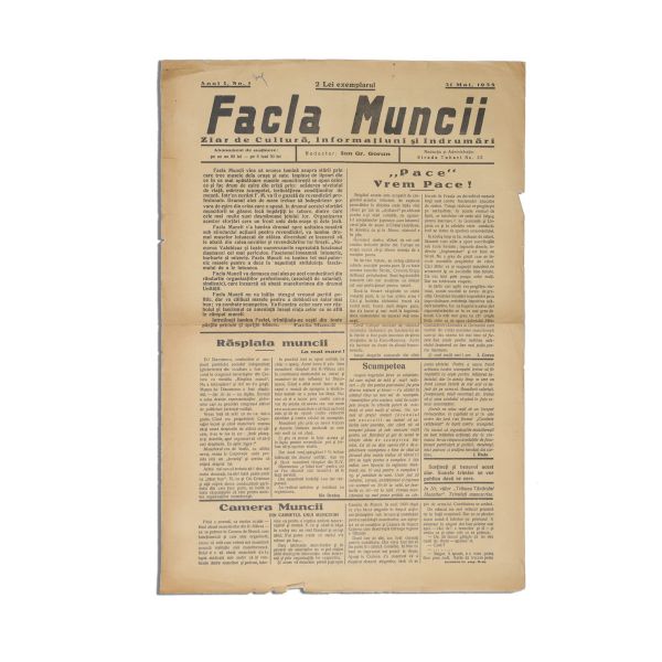 Publicația „Facla Muncii”, Anul I, Nr. 1, 31 mai 1935
