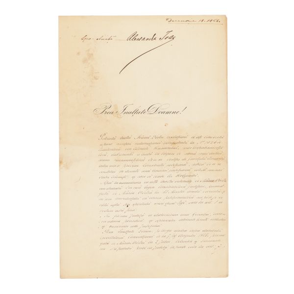 Mihail Kogălniceanu, adresă trimisă lui Alexandru Ioan Cuza, cu semnătura domnitorului, 1864