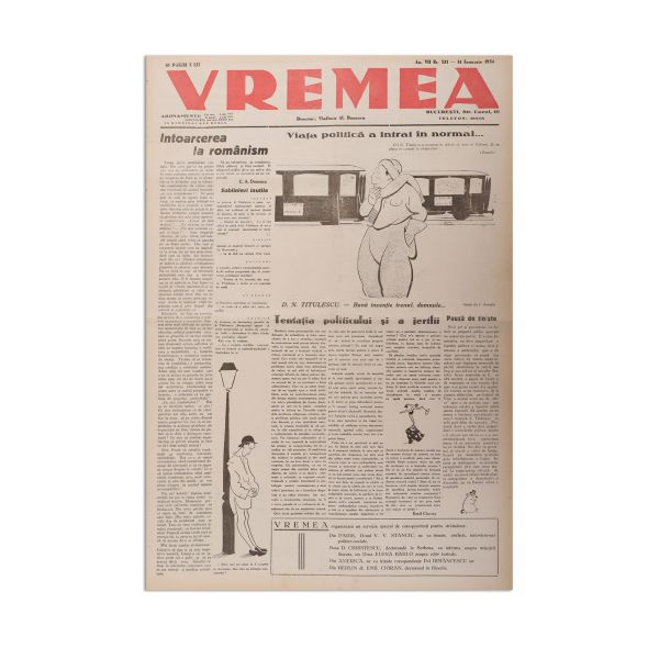 Publicația „Vremea”, An VII, Nr. 321, 14 ianuarie 1934, cu articole de Emil Cioran, Mircea Eliade, Petru Comarnescu
