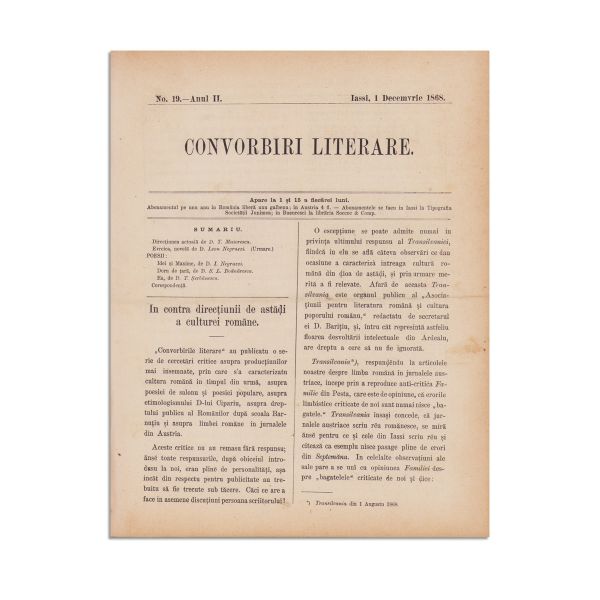 Publicația „Convorbiri Literare”, Anul II, 24 numere, 1868-1869, cu „În contra direcțiunii de astăzi a culturei române” de Titu Maiorescu