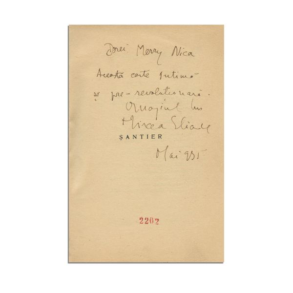 Mircea Eliade, Șantier, 1935, cu dedicație pentru Merry Nica