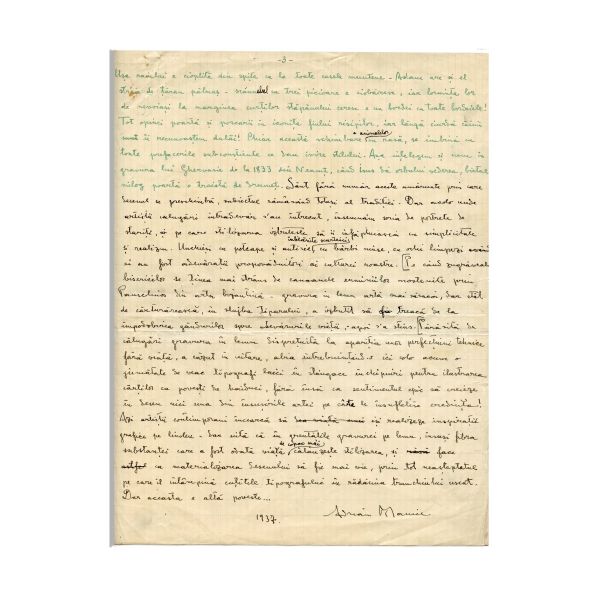 Adrian Maniu, manuscrisul „Gravura românească în lemn”, 1937