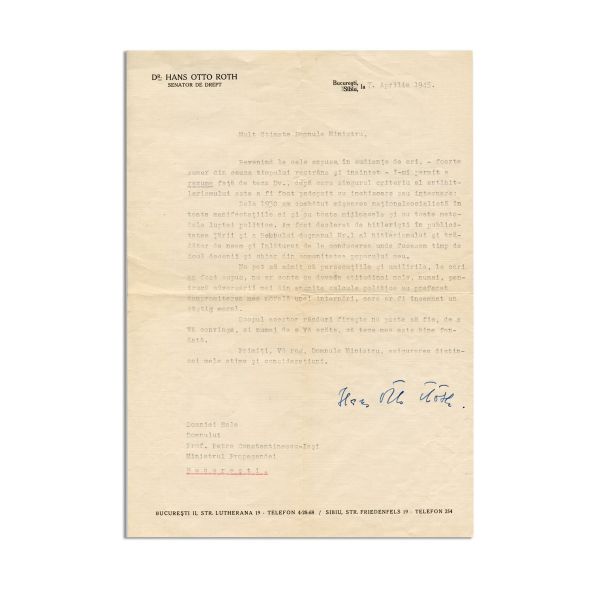Hans Otto Roth, scrisoare pentru Petre Constantinescu-Iași, 7 aprilie 1945