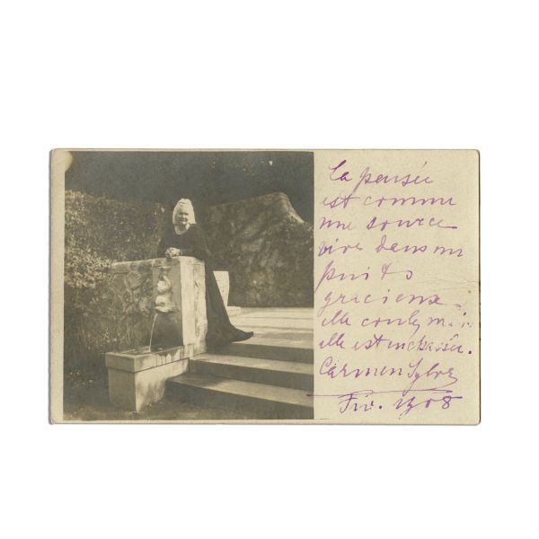 Regina Elisabeta, fotografie tip carte poștală cu însemnare olografă, 1908