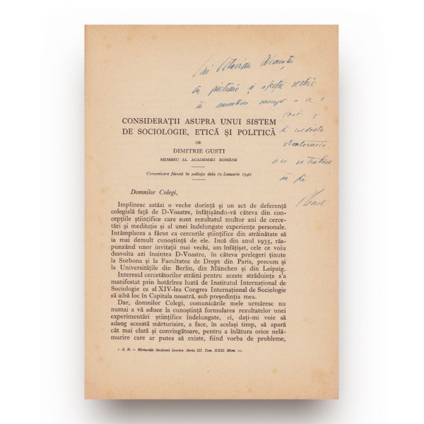 Dimitrie Gusti, Problema sociologiei, 1940, cu dedicație olografă 