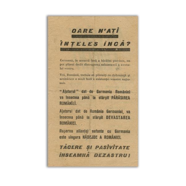 Două manifeste de propagandă răspândite de Aviația Regală Britanică și cea a Armatei Statelor Unite, 1944