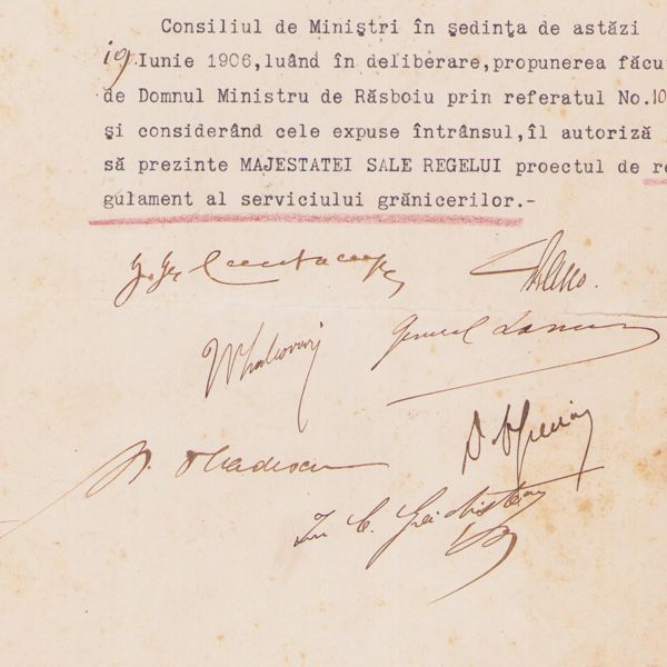 Două adrese privind regulamentul serviciului grănicerilor, cu semnăturile miniștrilor G. Gr. Cantacuzino, G. Manu, Iacob și Ion Lahovari, M. Vlădescu, I. C. Grădișteanu, 1906