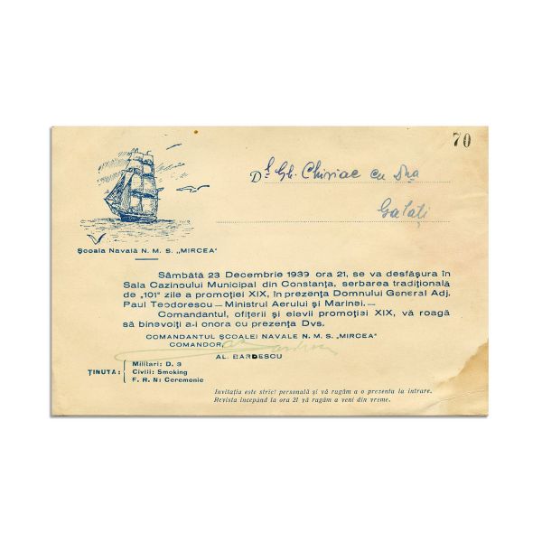 Invitație la serbarea „101” zile a promoției XIX, Școala Navală N.M.S „Mircea”, 23 decembrie 1939