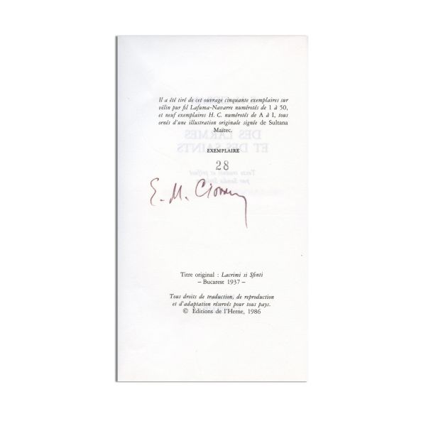 Emil Cioran, Des larmes et des saints, 1986, exemplar numerotat cu semnătura olografă