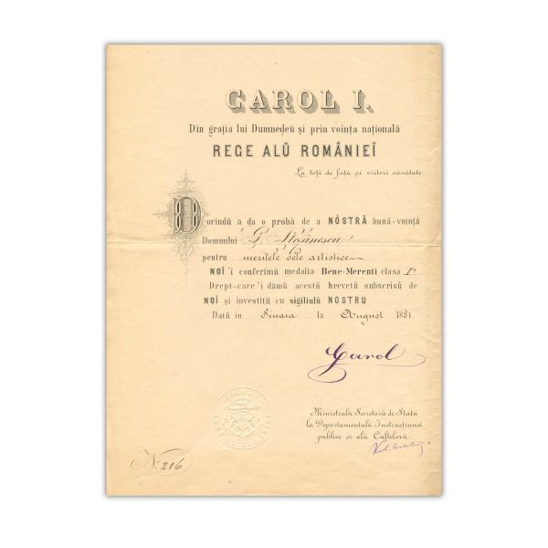 Medalia „Bene Merenti”, clasa I + brevet, cu semnătura regelui Carol I, acordate lui George Stephanescu