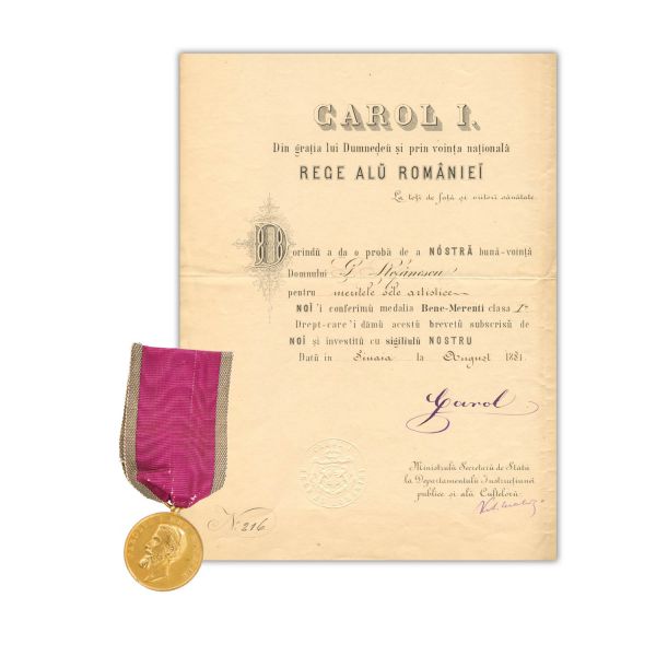 Medalia „Bene Merenti”, clasa I + brevet, cu semnătura regelui Carol I, acordate lui George Stephanescu