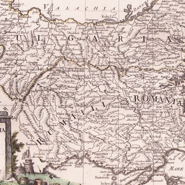Harta Bulgariei și Rumeliei, gravură în cupru colorată manual, 1791