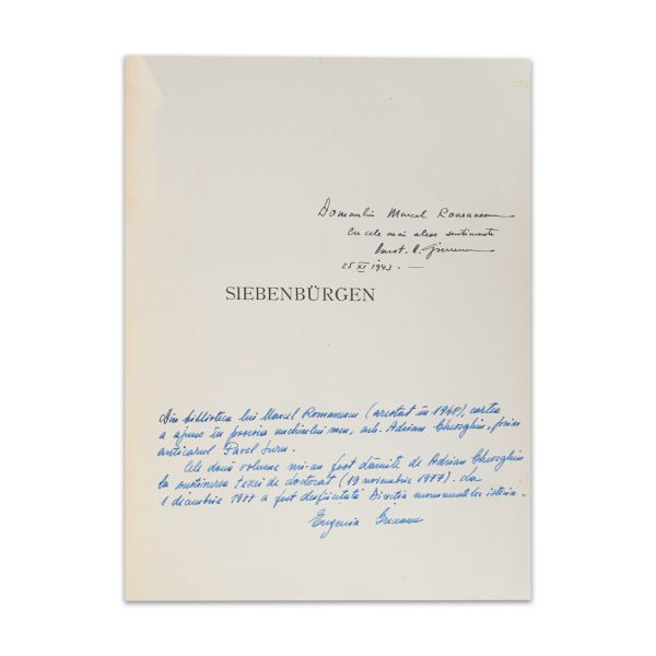 Siebenburgen, două volume, 1943, cu dedicația lui C. Giurescu pentru Marcel Romanescu