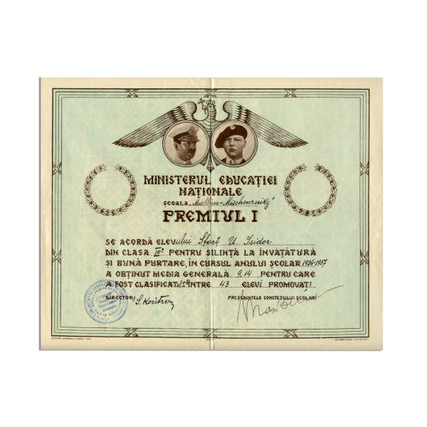 Sfarț U. Isidor, diplomă de merit, 1937
