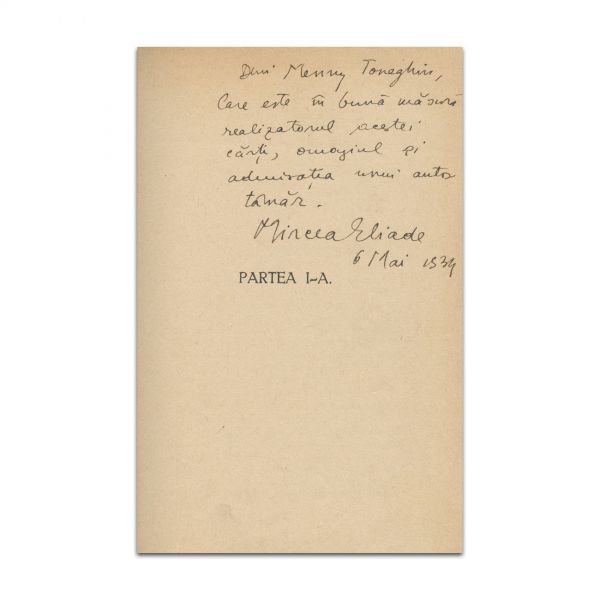 Mircea Eliade, Lumina ce se stinge..., cu dedicație către Menny Toneghin