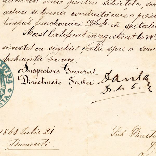 Școala Națională de Medicină, certificat semnat de Carol Davila, 1868