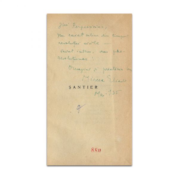 Mircea Eliade, Șantier, cu dedicație către Perpessicius