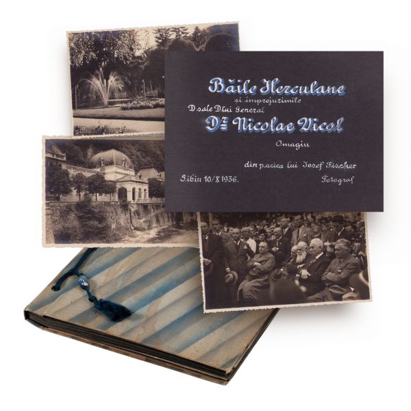 Băile Herculane, album cu 40 de fotografii, dedicat gen. dr. Nicolae Vicol, fotograf. Josef Fischer, 1936 + două corespondențe