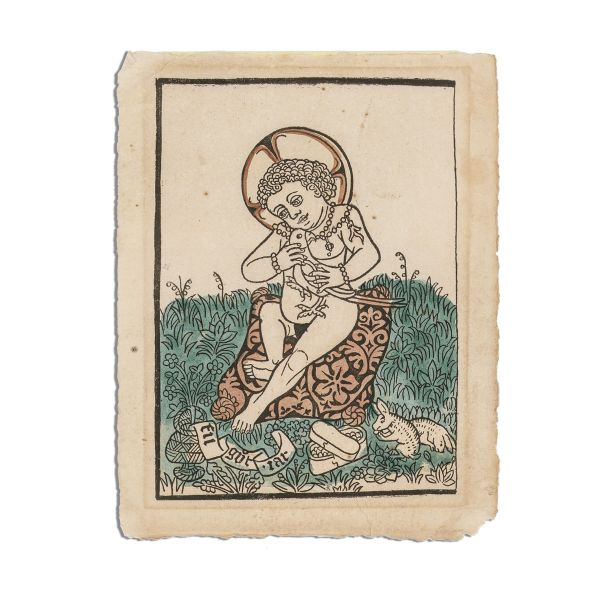 Hristos cu papagal, gravură colorată manual, cca. 1470