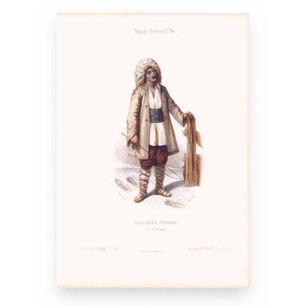Căruțaș țigan pe drumul Iașilor, litografie colorată manual, gravor Michel Bouquet, cca. 1840