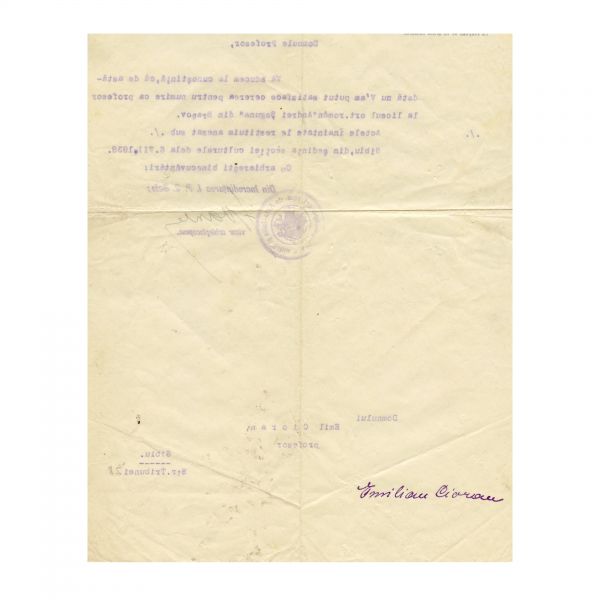 Adresă trimisă lui Emil Cioran de către Arhiepiscopia Ortodoxă, 1938
