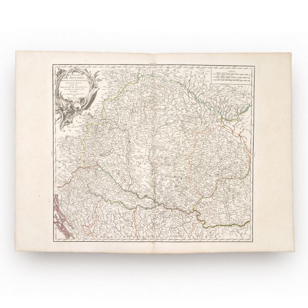Harta Regatului Ungariei, a Principatului Transilvaniei, Slovaciei și Croației, gravură în cupru colorată manual, cartograf Didier Robert de Vaugondy, 1751 