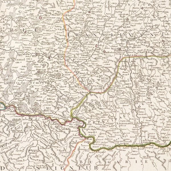 Harta Regatului Ungariei, a Principatului Transilvaniei, Slovaciei și Croației, gravură în cupru colorată manual, cartograf Didier Robert de Vaugondy, 1751 