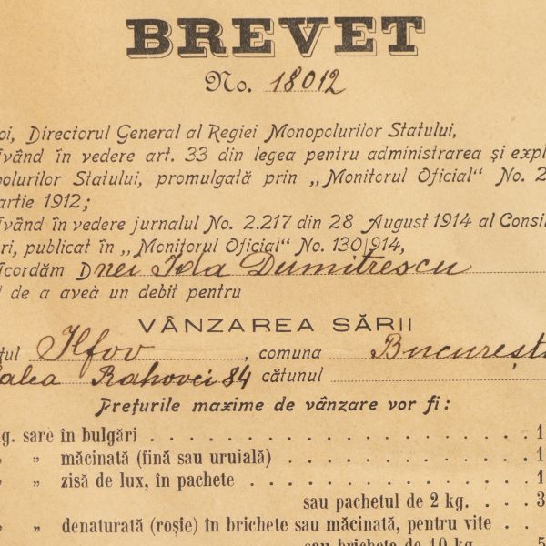 Ida Dumitrescu, brevet pentru vânzarea sării, 18 februarie 1916