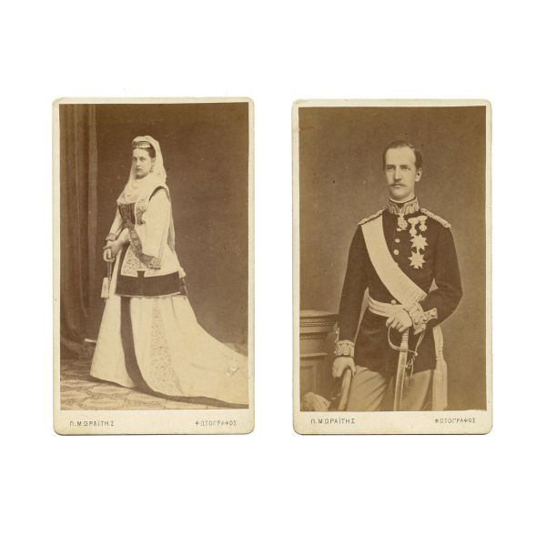 Regele George I al Greciei și regina Olga a Greciei, două fotografii format carte-de-visite, atelier fotografic P. Moraites