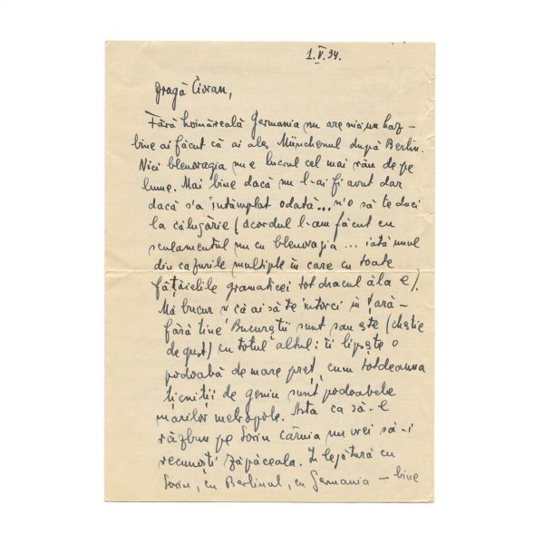 Traian Herseni, scrisoare către Emil Cioran, 1 Mai 1934