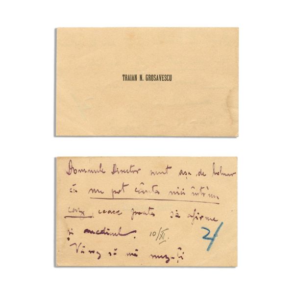 Traian N. Grozăvescu, carte de vizită cu text olograf