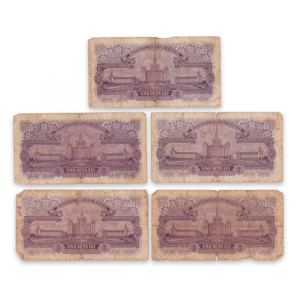 100 lei 1952, cinci bancnote, serie roșie