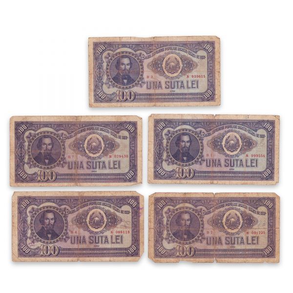 100 lei 1952, cinci bancnote, serie roșie