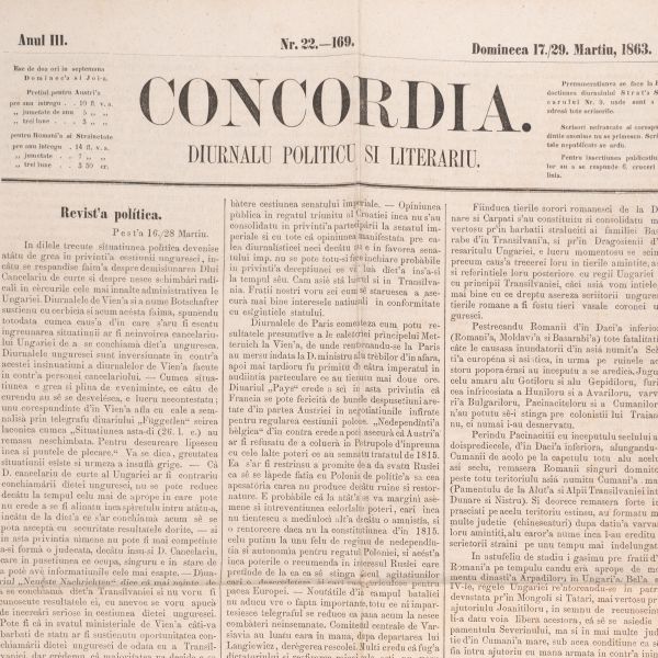 Publicația „Concordia”, anul III, 1863, două numere