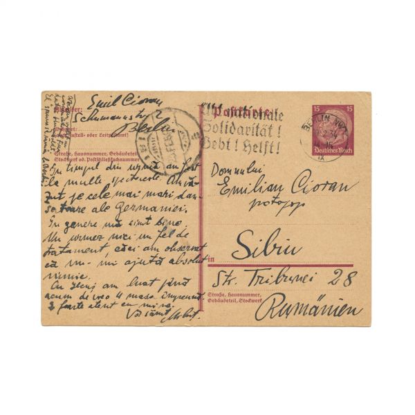Emil Cioran, carte poștală către părinți, 1934