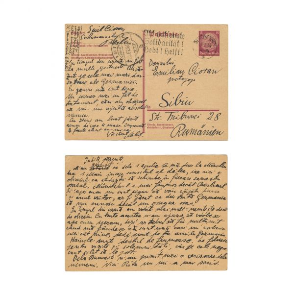 Emil Cioran, carte poștală către părinți, 1934