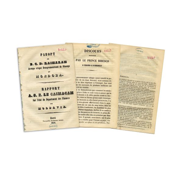 Discours prononcés par le Prince Bibesco + Raport la E.S.D. Kaimakam + broșură cu discursuri politice, 1856, cu ex-librisul lui D. A. Sturdza
